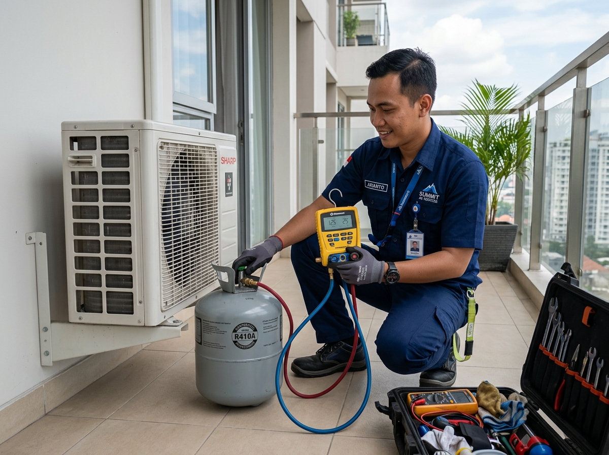 Teknisi mengecek dan mengisi freon AC outdoor dengan digital manifold